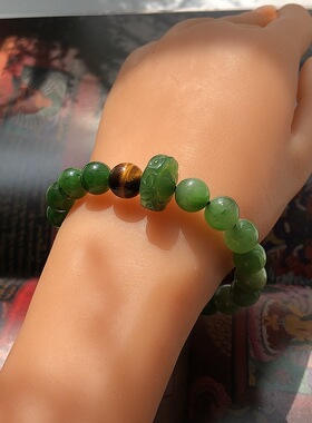 天然老料碧玉双色手串手链个别猫眼效果玉石A货高货碧玉尾戒跑环