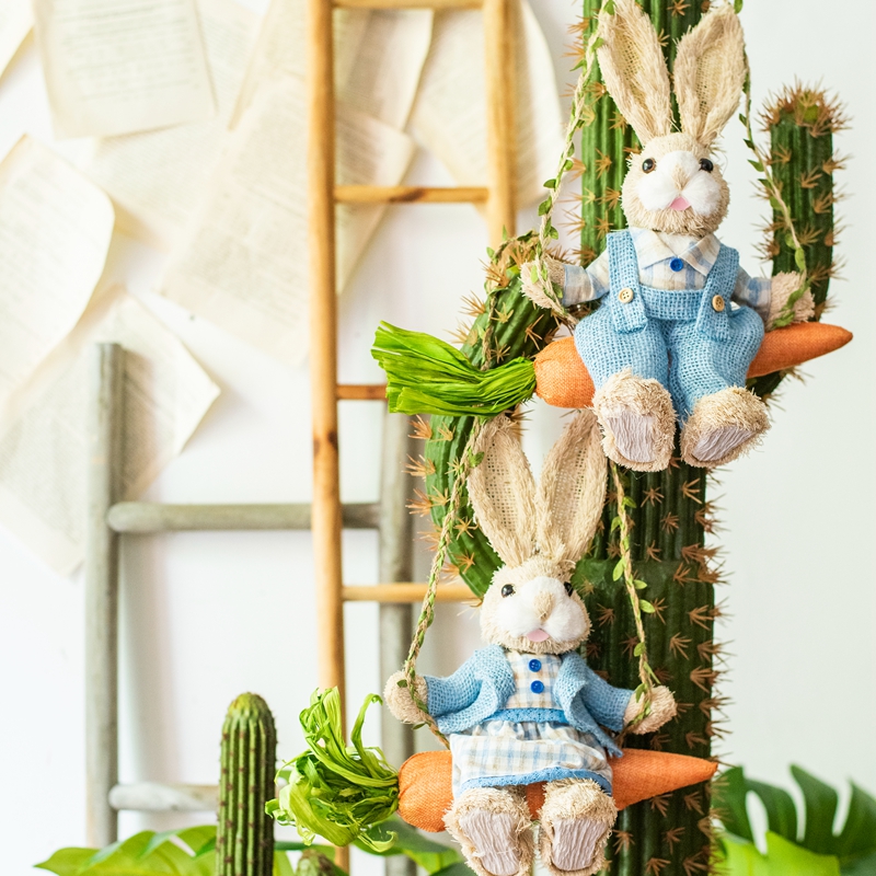 JK慕空间田园草编秋千兔子创意手工壁挂装饰品花园幼儿园可爱挂件 - 图3