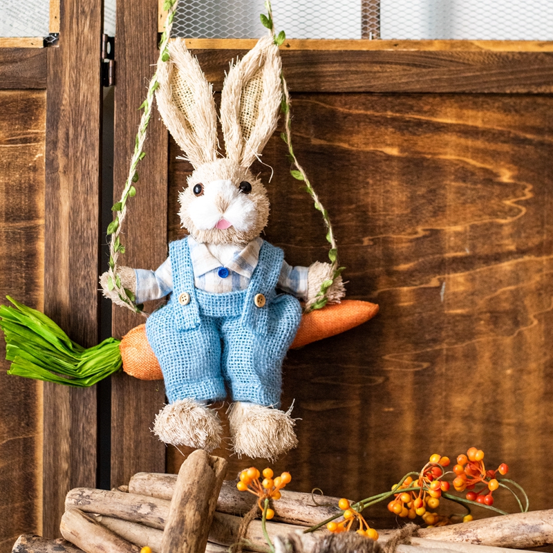 JK慕空间田园草编秋千兔子创意手工壁挂装饰品花园幼儿园可爱挂件 - 图2