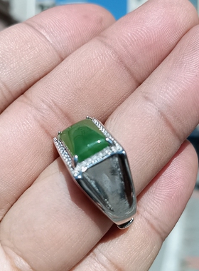 和田玉碧玉男款戒指925银镶