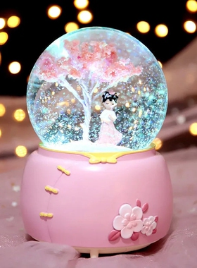 梦幻樱花水晶球音乐盒雪花天使跳舞女孩旋转公主八音盒女生日礼物
