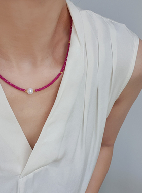 天然红宝石珍珠项链女S925