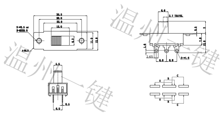 SS-23F19(2P3T)柄高8mm 6脚3档车载冰箱大电流拨动开关立式电源