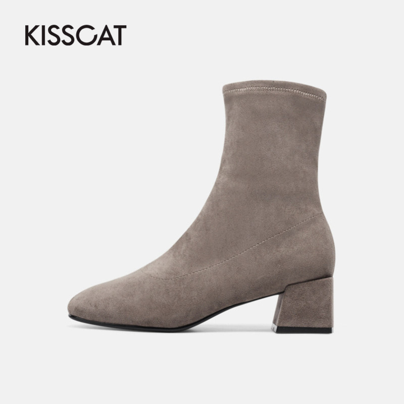 接吻猫秋冬季新款圆头中粗跟潮女鞋 kisscat时装靴