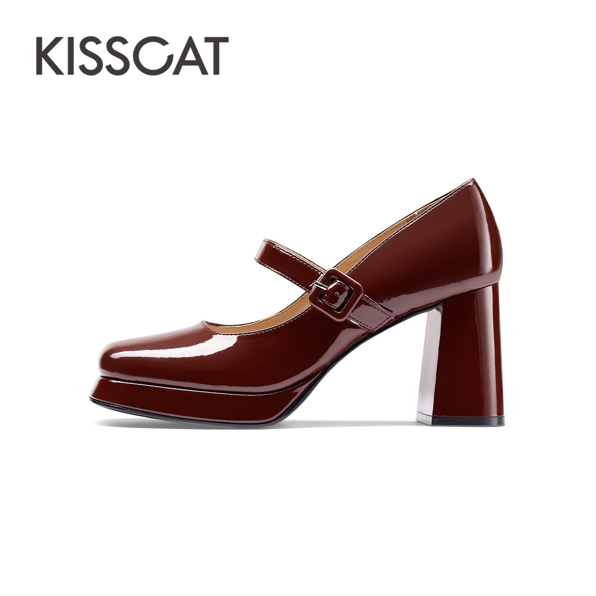 KISSCAT接吻猫红色复古学院风高跟鞋漆皮玛丽珍鞋圆头粗跟单鞋,淘宝优惠券,粉丝福利购,淘宝优惠卷