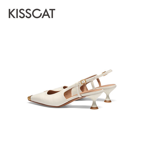 KISSCAT接吻猫2024年夏季新款百搭真皮高跟鞋高级后空时装凉鞋女-图2
