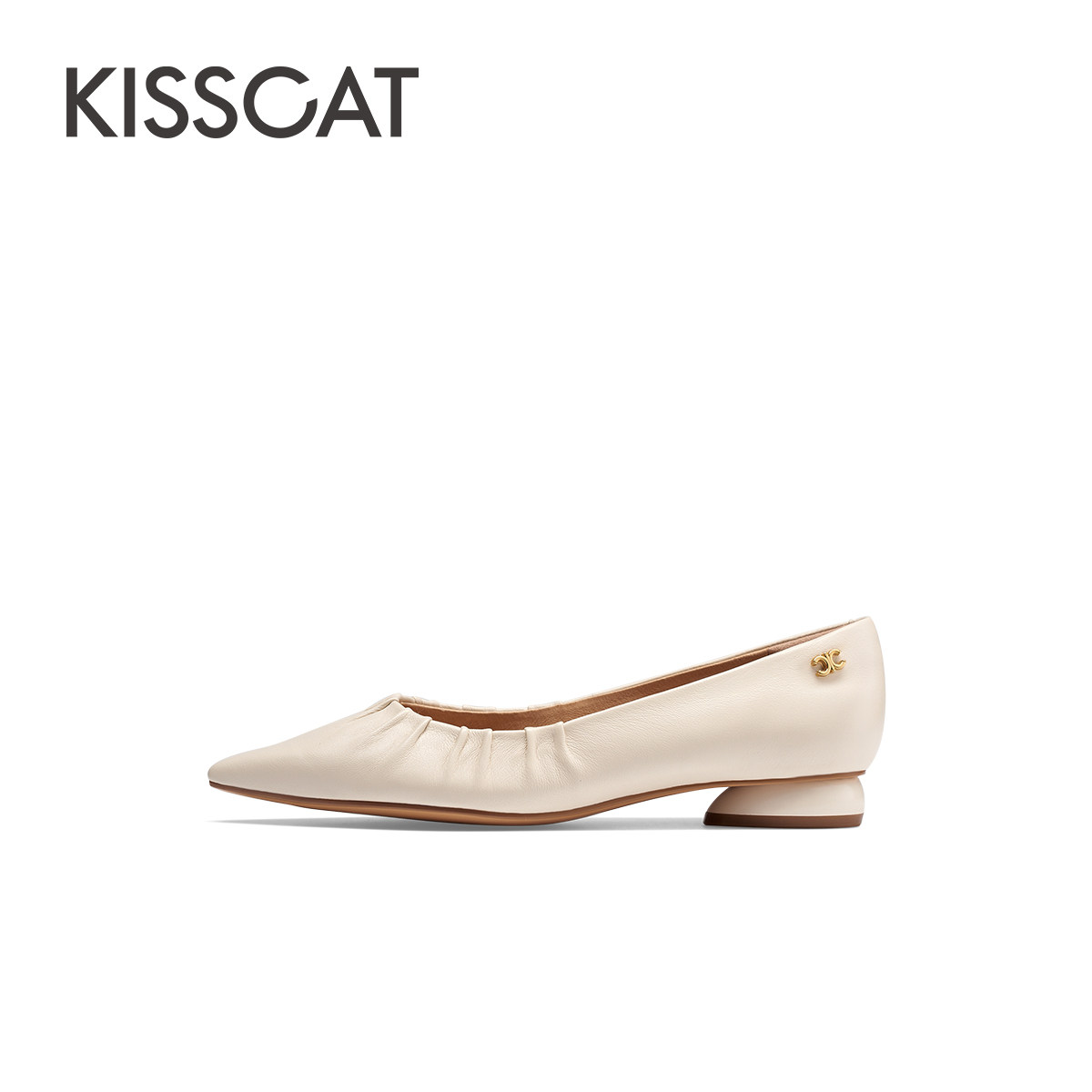 KISSCAT接吻猫通勤气质平底鞋百搭舒适尖头真皮白色法式单鞋女,淘宝优惠券,粉丝福利购,淘宝优惠卷