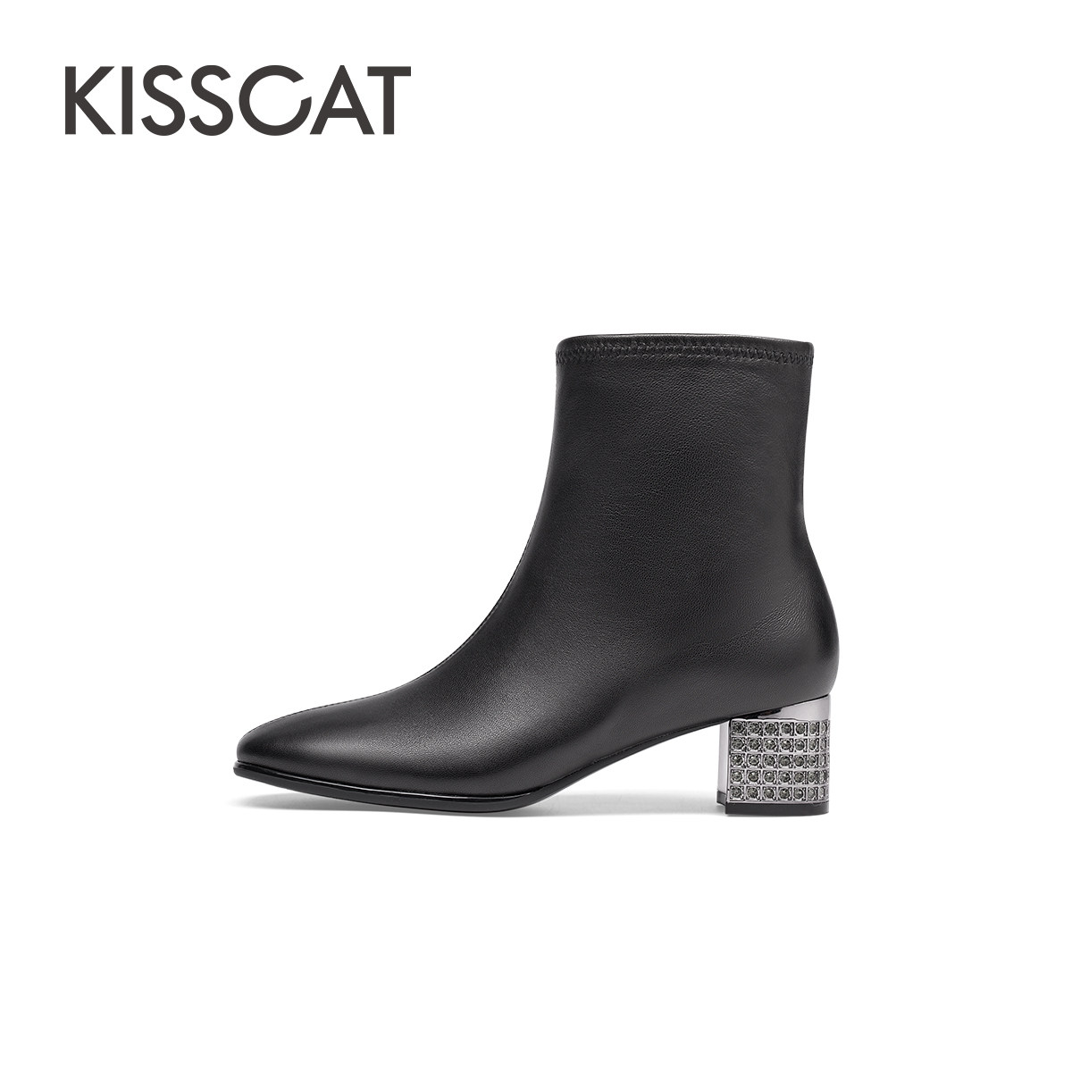 KISSCAT接吻猫新款真皮黑色高跟短靴尖头粗跟高级时装靴女,淘宝优惠券,粉丝福利购,淘宝优惠卷