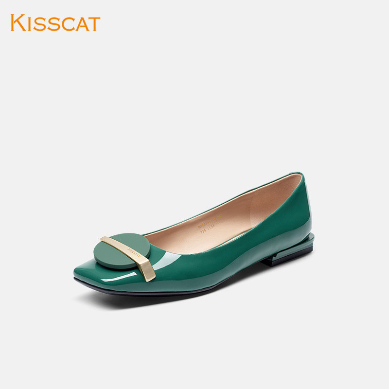 接吻猫2020秋季新款漆皮方头船鞋 kisscat单鞋