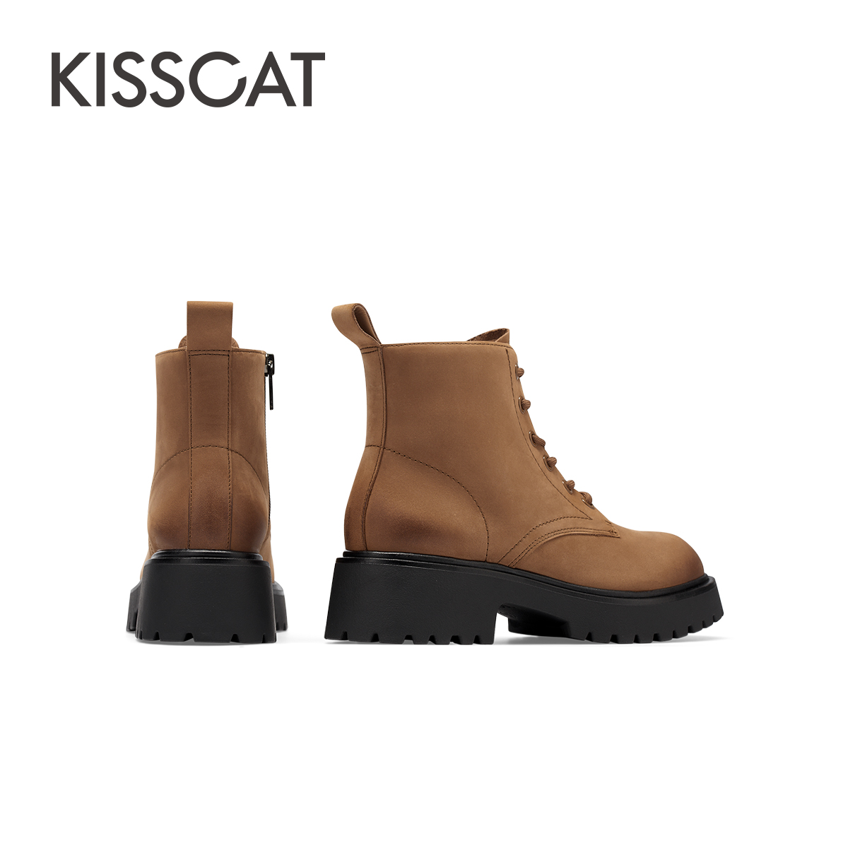 KISSCAT接吻猫2023年秋冬新款时尚加绒短靴增高真皮休闲马丁靴女