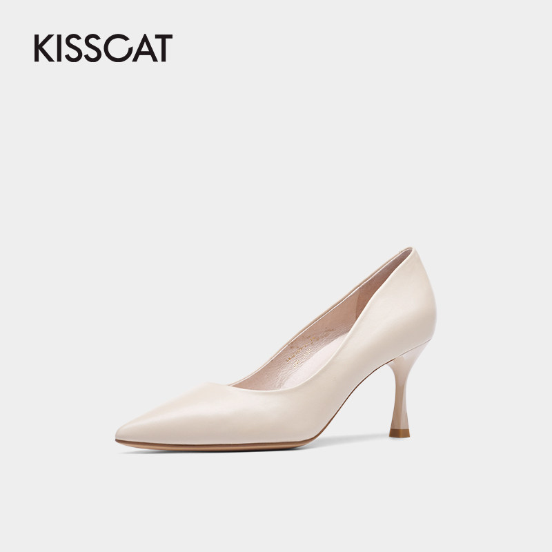 接吻猫2020秋新款纯色简约女高跟鞋 kisscat单鞋