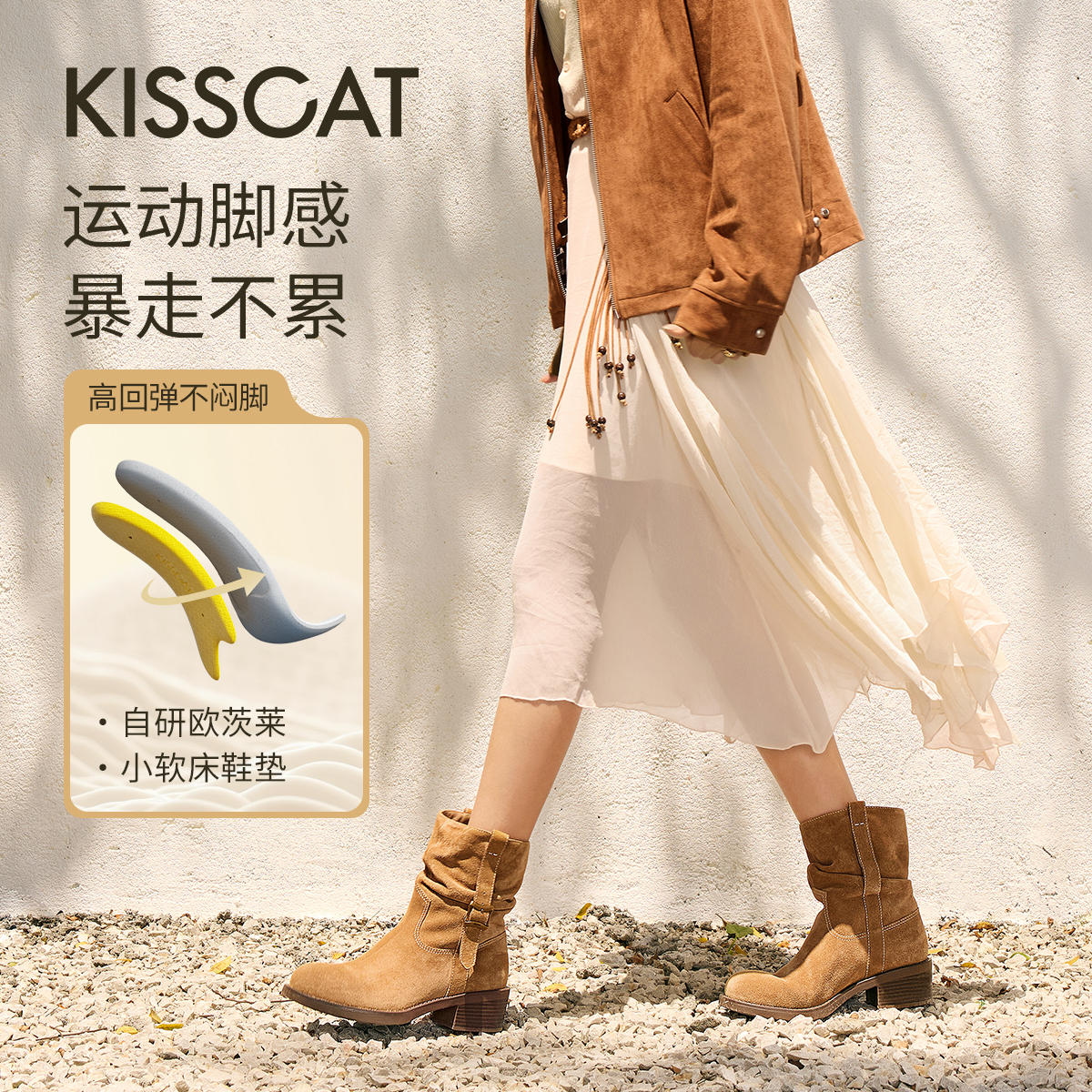 李兰迪/美洋同款接吻猫[落日大道]麂皮筒靴西部堆堆靴牛仔靴加绒 - 图1