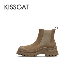 KISSCAT接吻猫2023年冬季新款复古短靴户外牛绒面皮革切尔西靴女