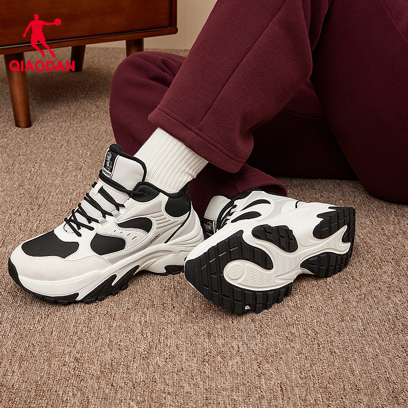 精灵兔IV乔丹老爹鞋女冬季黑白皮面加绒保暖休闲鞋厚底增高运动鞋