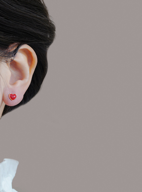 925银小红心耳钉项链套装