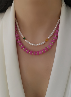 洋红串珠项链宝石小众设计RTEP