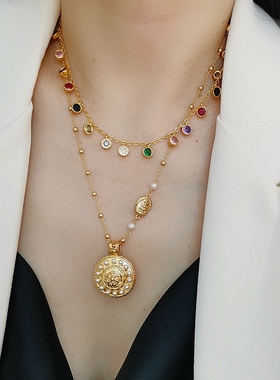 法式复古彩色多吊坠流苏锁骨链女