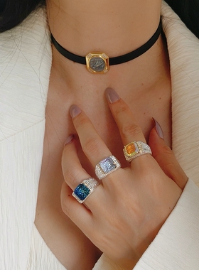 小众925银锡纸纹理炫彩水晶指环