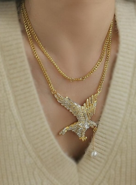 复刻中古小香风老鹰满钻珍珠项链