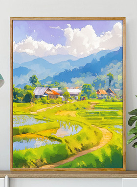乡村稻田 数字油画diy宫崎骏风美景高级感治愈手工填色摆件装饰画