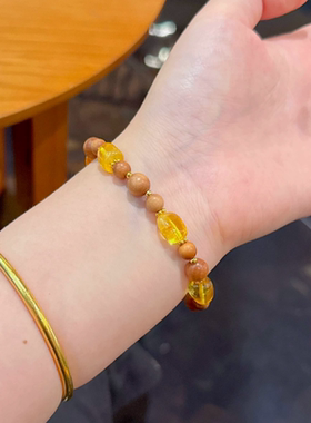 天然琥珀手串老山檀手链女复古国风招财转运手工串珠饰品文玩手串