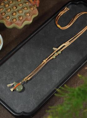 天然保真和田玉葫芦吊坠项链新中式国风编绳可调节毛衣链文玩配饰