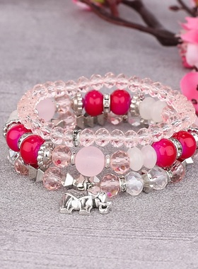 【珠黛饰品】水晶金属小象吊坠多层气质分层珠串弹力手链 六色