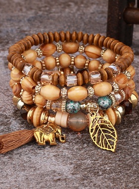 【珠黛饰品】欧美木珠串珠弹力手串小象吊坠流苏分层手链 七色