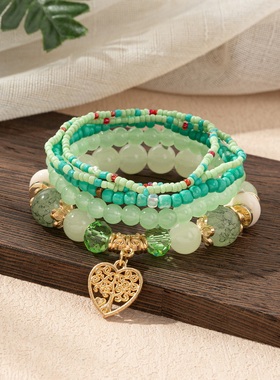 【珠黛饰品】欧美新款波西米亚生命树水晶多层串珠时尚手链 六色