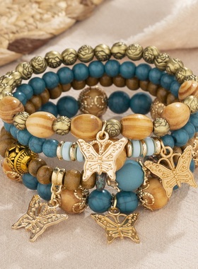 【珠黛饰品】新款多层木珠串珠手链女创意蝴蝶吊坠分层手链 10色