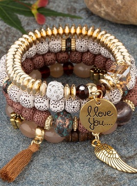 【珠黛饰品】欧美波西米亚多层手链英文片吊坠流苏分层串珠 七色