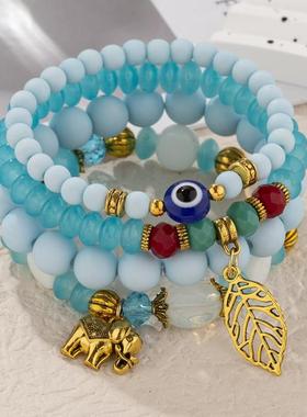 【珠黛饰品】欧美时尚新款多层珠串手链小象树叶吊坠DIY手链 六色