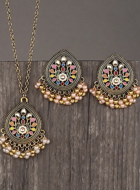 【珠黛饰品】欧美热卖民族风铃铛吊坠耳环耳钉夸张项链套装 三色