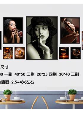 酒吧洋酒雪茄威士忌装饰画KTV夜店娱乐会所美女挂画酒杯海报壁画