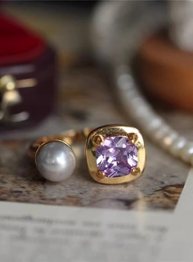 翎舞925银镀金珍珠紫水晶戒指