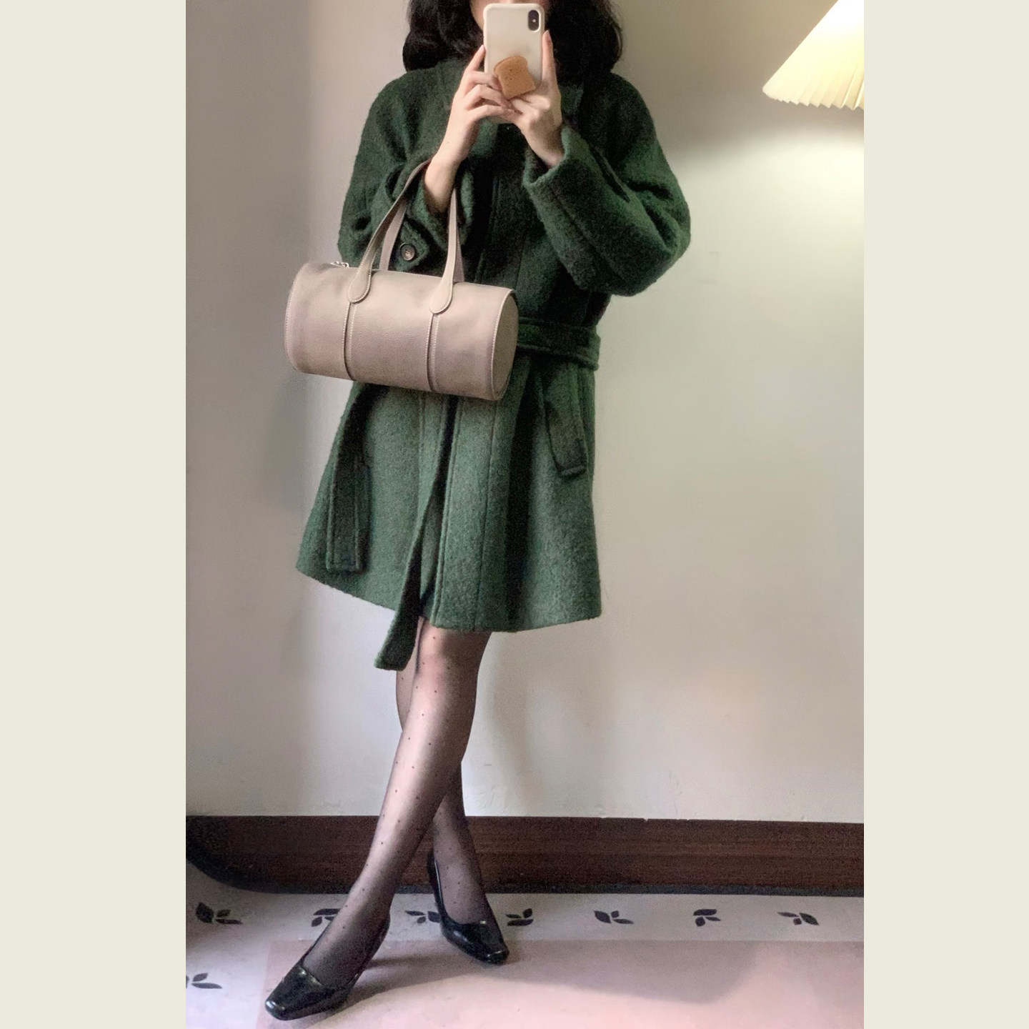 韩系复古绿色立领毛呢外套女秋冬季小个子中长款收腰系带呢子大衣,淘宝优惠券,粉丝福利购,淘宝优惠卷