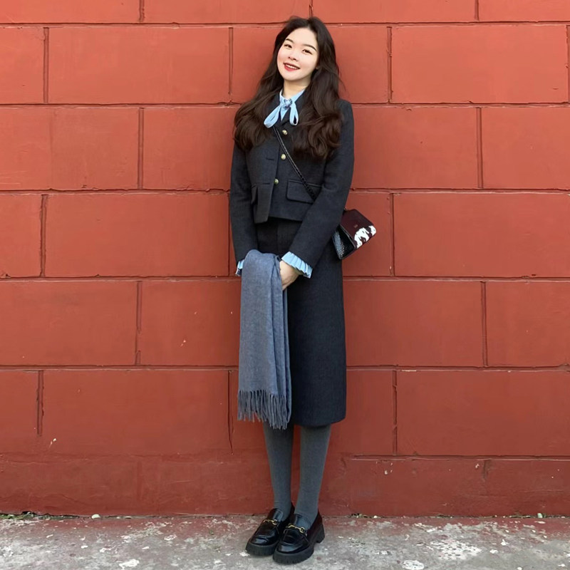 深灰色毛呢套装女秋冬新款韩版通勤短款外套简约显瘦半身裙两件套,淘宝优惠券,粉丝福利购,淘宝优惠卷