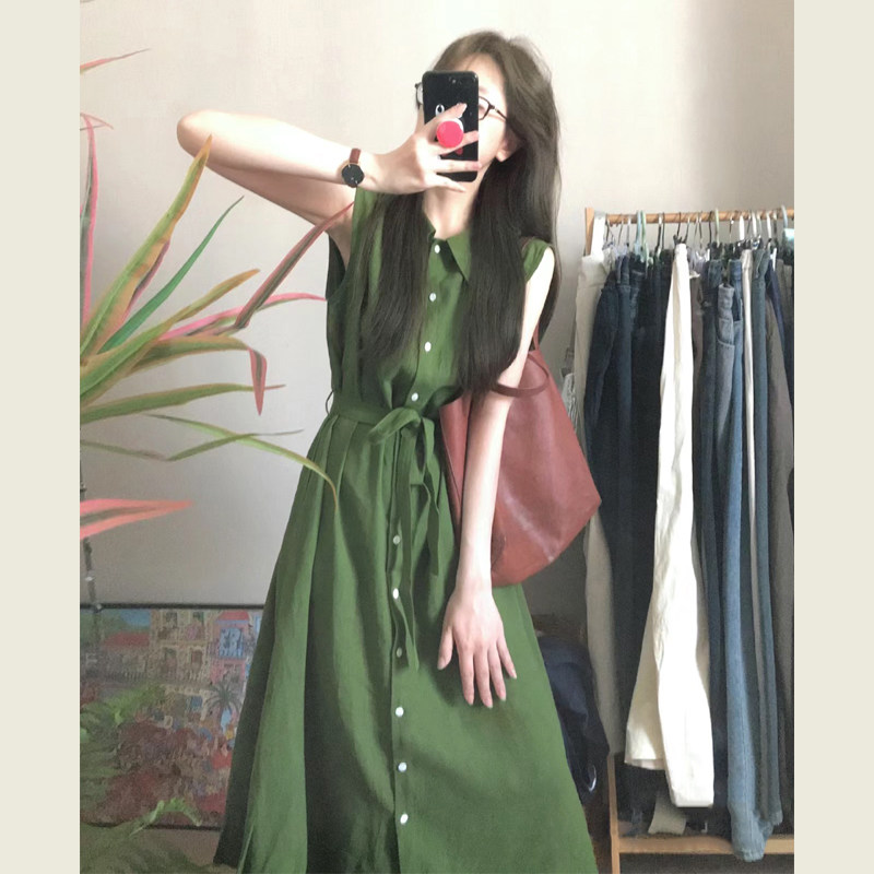 绿色无袖衬衫连衣裙女夏季新款高级设计感宽松显瘦系带气质长裙子