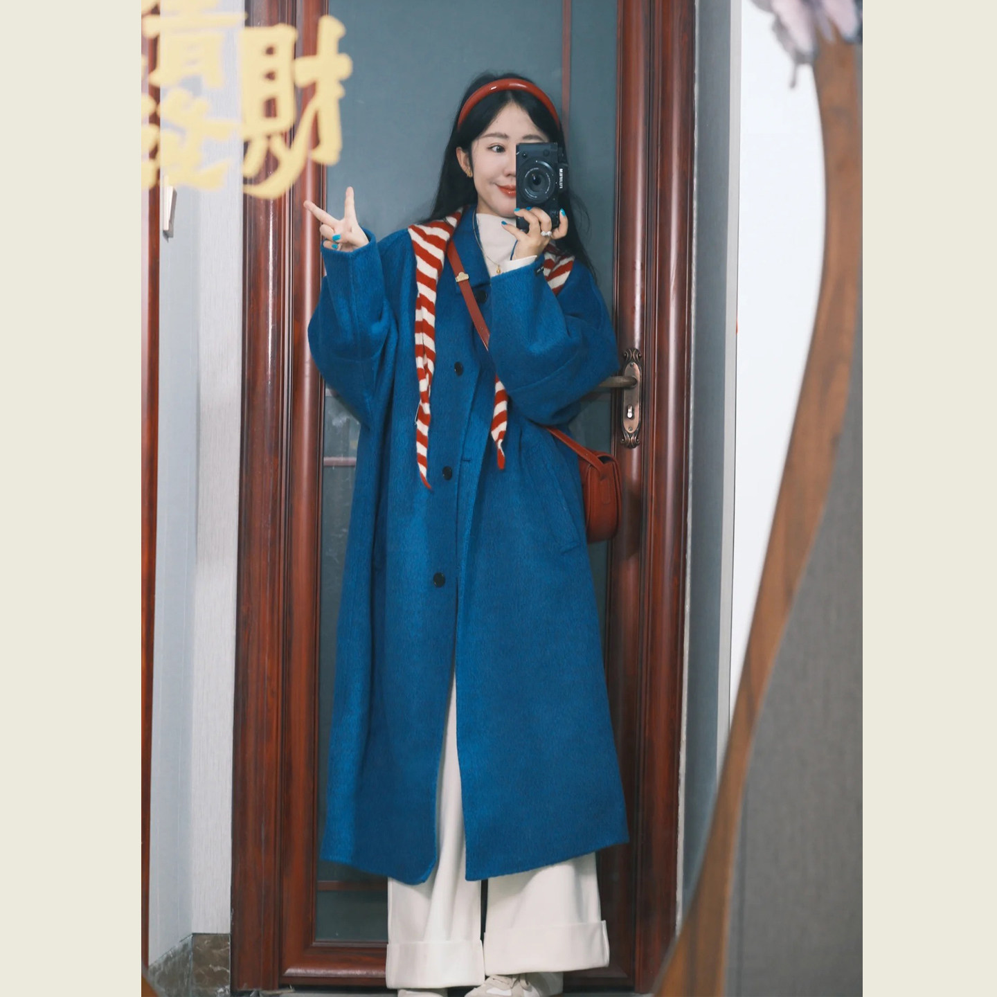 韩系复古蓝色翻领毛呢外套女秋冬季小个子宽松显瘦中长款呢子大衣,淘宝优惠券,粉丝福利购,淘宝优惠卷