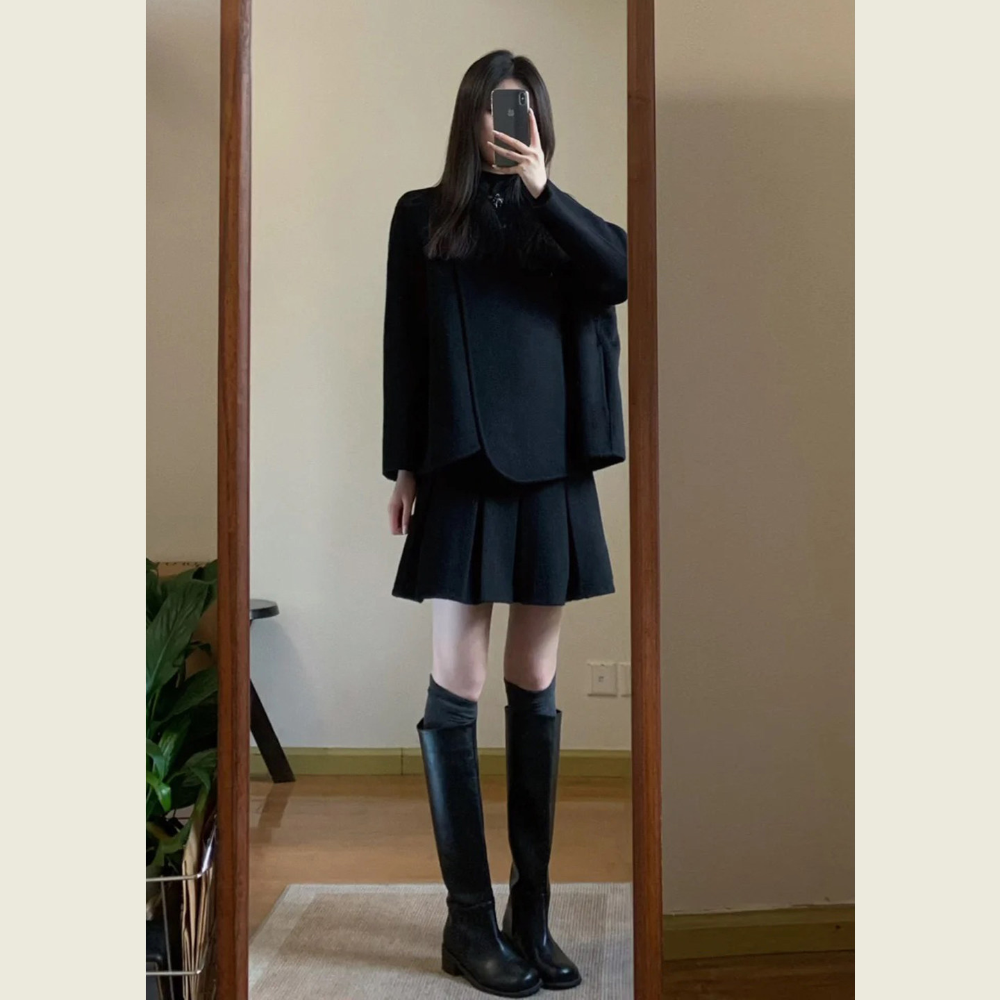 韩系赫本风黑色毛呢套装女冬季斜门襟立领外套百褶半身裙两件套,淘宝优惠券,粉丝福利购,淘宝优惠卷