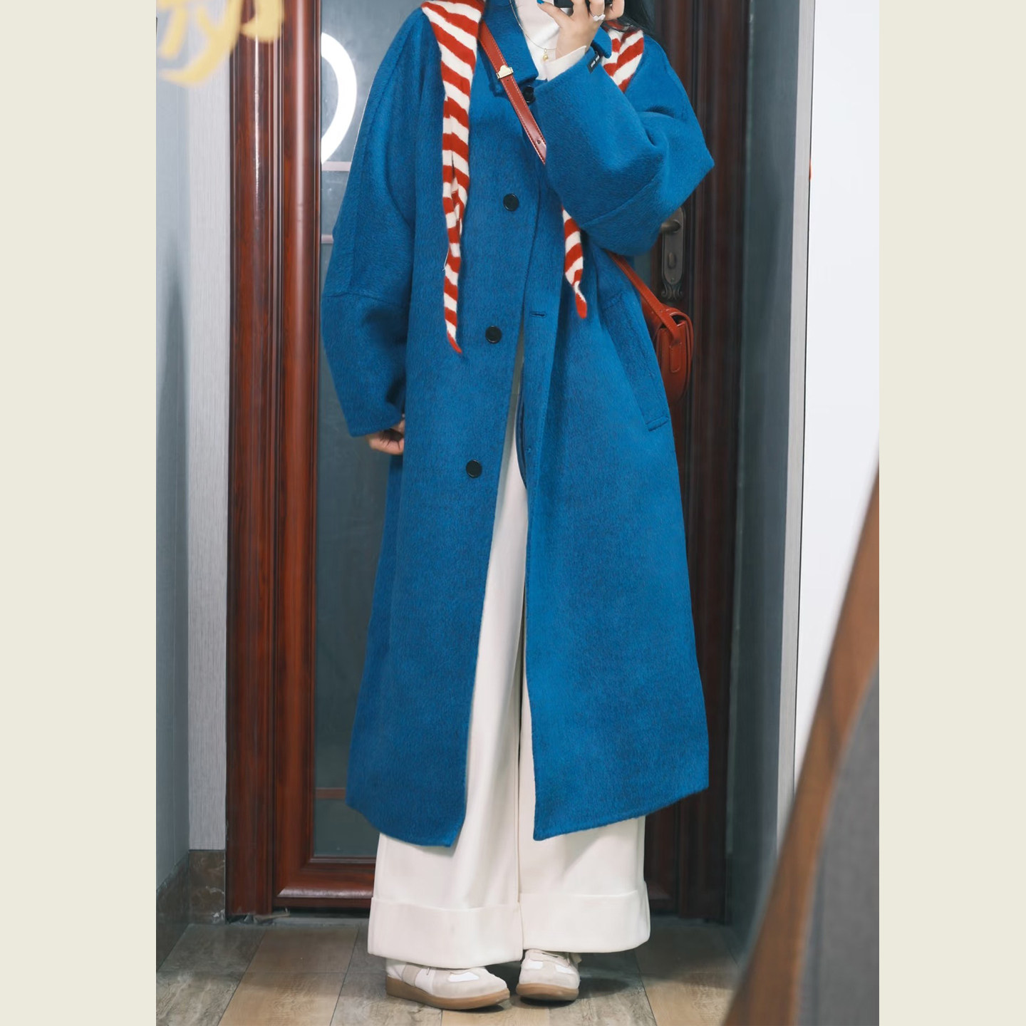 韩系复古蓝色翻领毛呢外套女秋冬季小个子宽松显瘦中长款呢子大衣,淘宝优惠券,粉丝福利购,淘宝优惠卷