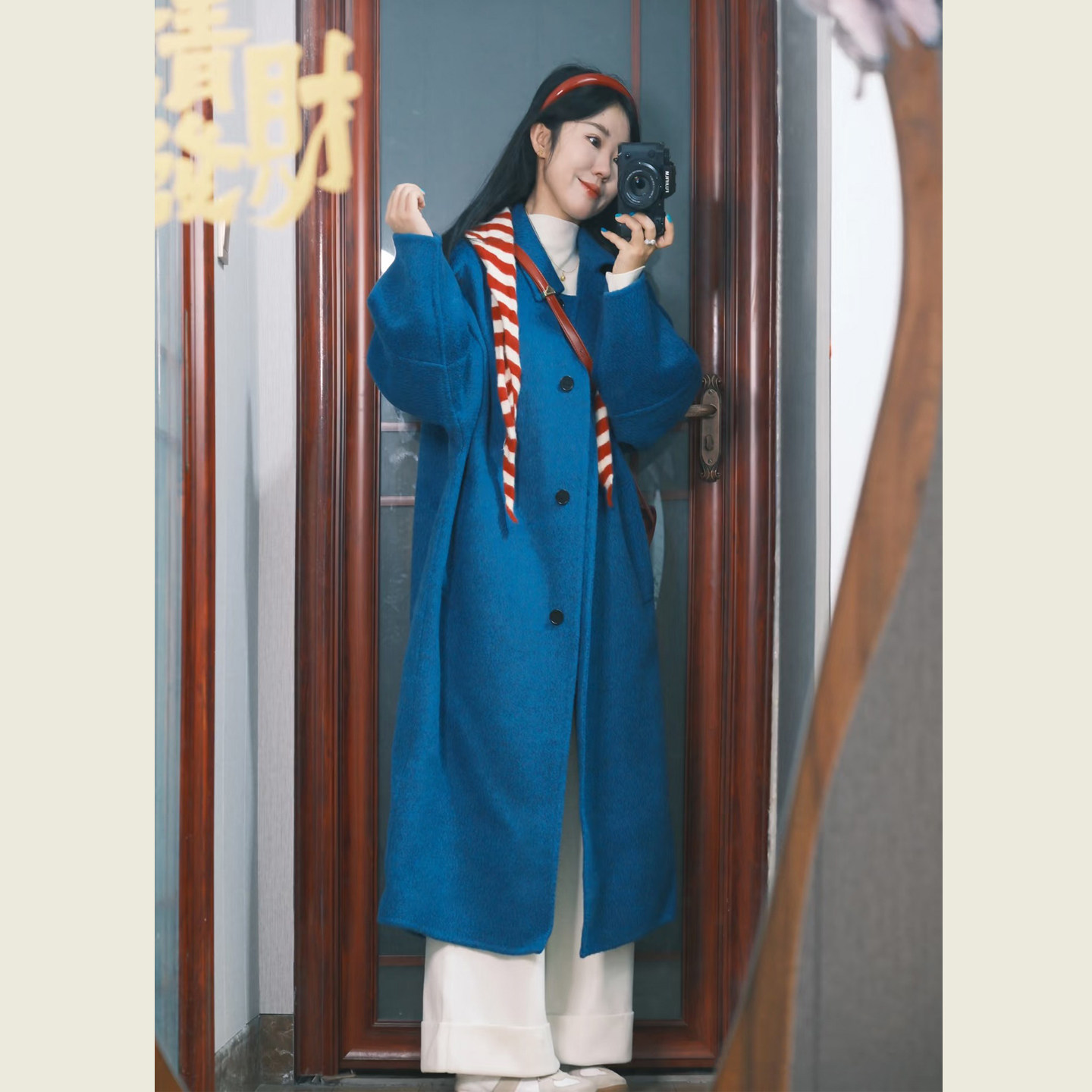 韩系复古蓝色翻领毛呢外套女秋冬季小个子宽松显瘦中长款呢子大衣,淘宝优惠券,粉丝福利购,淘宝优惠卷