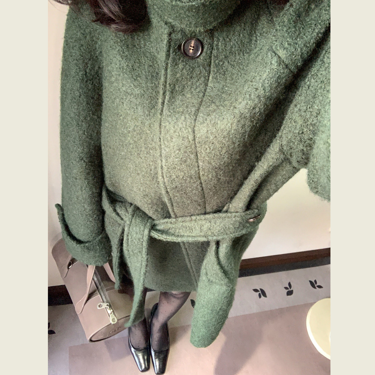 韩系复古绿色立领毛呢外套女秋冬季小个子中长款收腰系带呢子大衣,淘宝优惠券,粉丝福利购,淘宝优惠卷