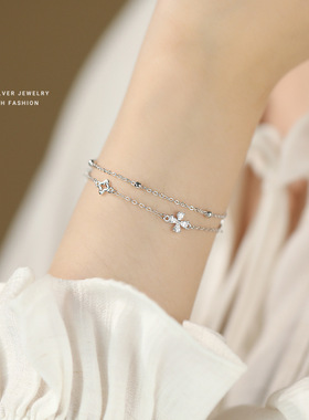S925纯银双层叠戴四叶草手链女微镶镂空轻奢小众设计感新款银手饰