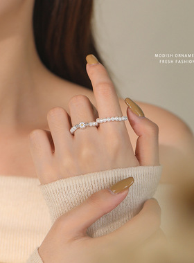 仿珍珠戒指女时尚极简轻奢法式弹力绳串珠指环精致手饰戒指