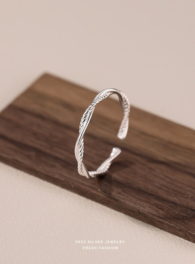 韩版时尚开口戒指女s925纯银小众冷淡风简约麻花指环ins首饰批发