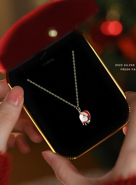 s925纯银圣诞老人项链女卡通可爱小众锁骨链彩色滴胶圣诞礼品批发