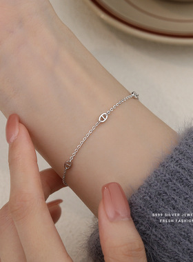 法式轻奢猪鼻子手链女s999纯银气质百搭极简风足银手饰男士手链