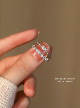 s925纯银法式锆钻戒指女叠戴款时尚轻奢爱心排钻开口指环礼物批发