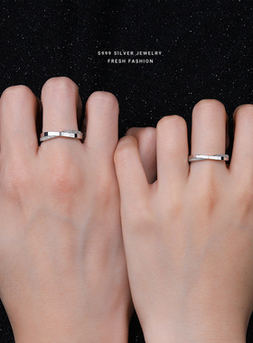 s999足银七夕情人节几何棱形磨砂情侣对戒简约气质小众设计活口戒